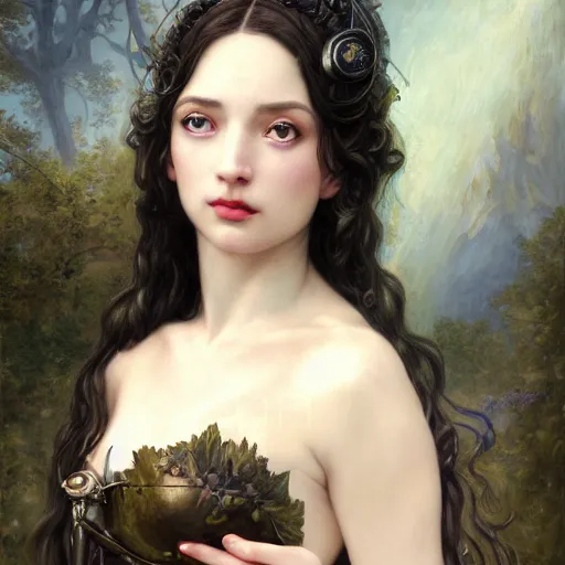 Image similar to a fantasy comic book style portrait painting of a beautiful woman with pale skin and long black hair, mystical valkyrie, francois boucher, oil painting, unreal 5, hyperrealistic, octane render, regal, refined, detailed digital art, rpg portrait, william - adolphe bouguereau, michael cheval, walt disney, steampunk, dynamic lighting, highly detailed, unreal engine