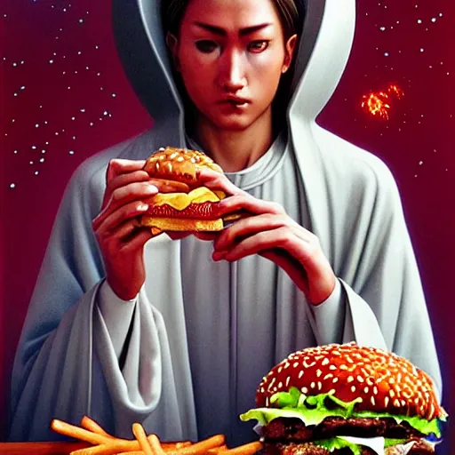 Prompt: realistic detailed 8k photo of futuristic holy priest eating a hamburger in hands, extra onions and ketchup, luscious patty with sesame seeds, feminine ethereal, delicate fingers by Raphael Santi, orthodox icon by Ayami Kojima, Amano, Karol Bak, Greg Hildebrandt, and Mark Brooks, Neo-Gothic, gothic, rich deep colors. Beksinski painting, art by Takato Yamamoto. masterpiece