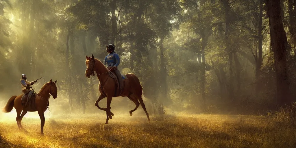 Image similar to american astronaut in an indian forest riding a beautiful horse, elegant scene, wide angle, cinematic lighting, atmospheric, ultrarealistic, trending on artstation, cgsociety, highly detailed, color graded, in the style of craig mullins, rendered in Unreal Engine 4k HQ, horizon forbidden west