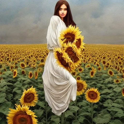 Image similar to Bedsheet Ghost in a field of sunflowers, sunset, Watercolor, photorealistic, high resolution, award winning, trending on artstation, olive skin, long dark hair, beautiful bone structure, intricate, elegant, highly detailed, digital painting, artstation, concept art, smooth, sharp focus, illustration, art by artgerm and greg rutkowski and alphonse mucha