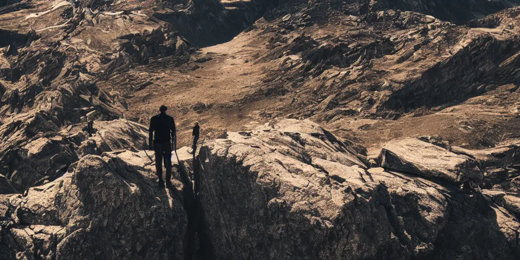 Prompt: the top of a mountain, a man standing in the background and preparing to climb, epic composition, epic lighting, detailed and intricate image, cinematic, 4K