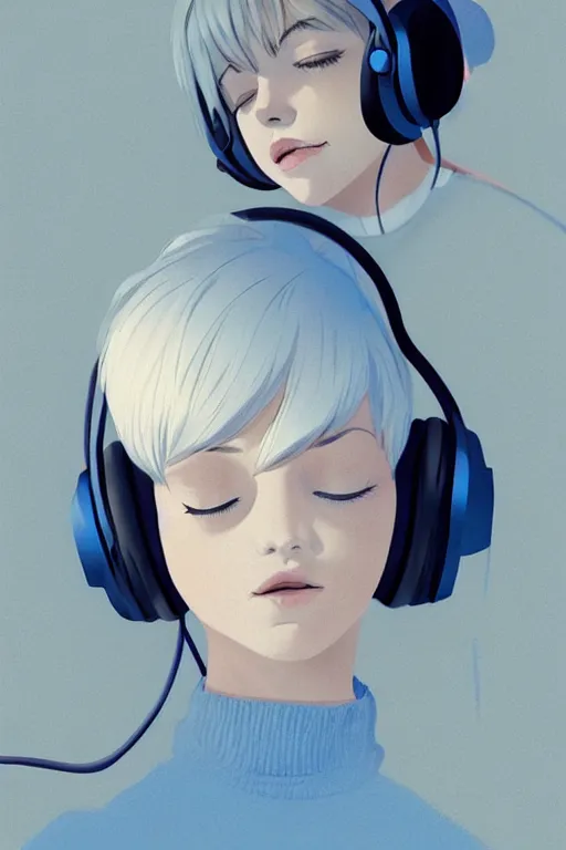 Prompt: a cute young woman lying on a couch while listening to music with her eyes closed and wearing headphones by Ilya Kuvshinov and Range Murata, white bob cut hair, blue filter, blue and white, soft lighting, atmospheric, cinematic, moody, digital painting, 8k
