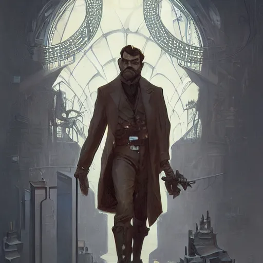 Image similar to orson welles as a cyborg, portrait, western, steampunk, duster, fantasy, intricate, elegant, highly detailed, digital painting, artstation, concept art, sharp focus, illustration, art by artgerm and greg rutkowski and alphonse mucha