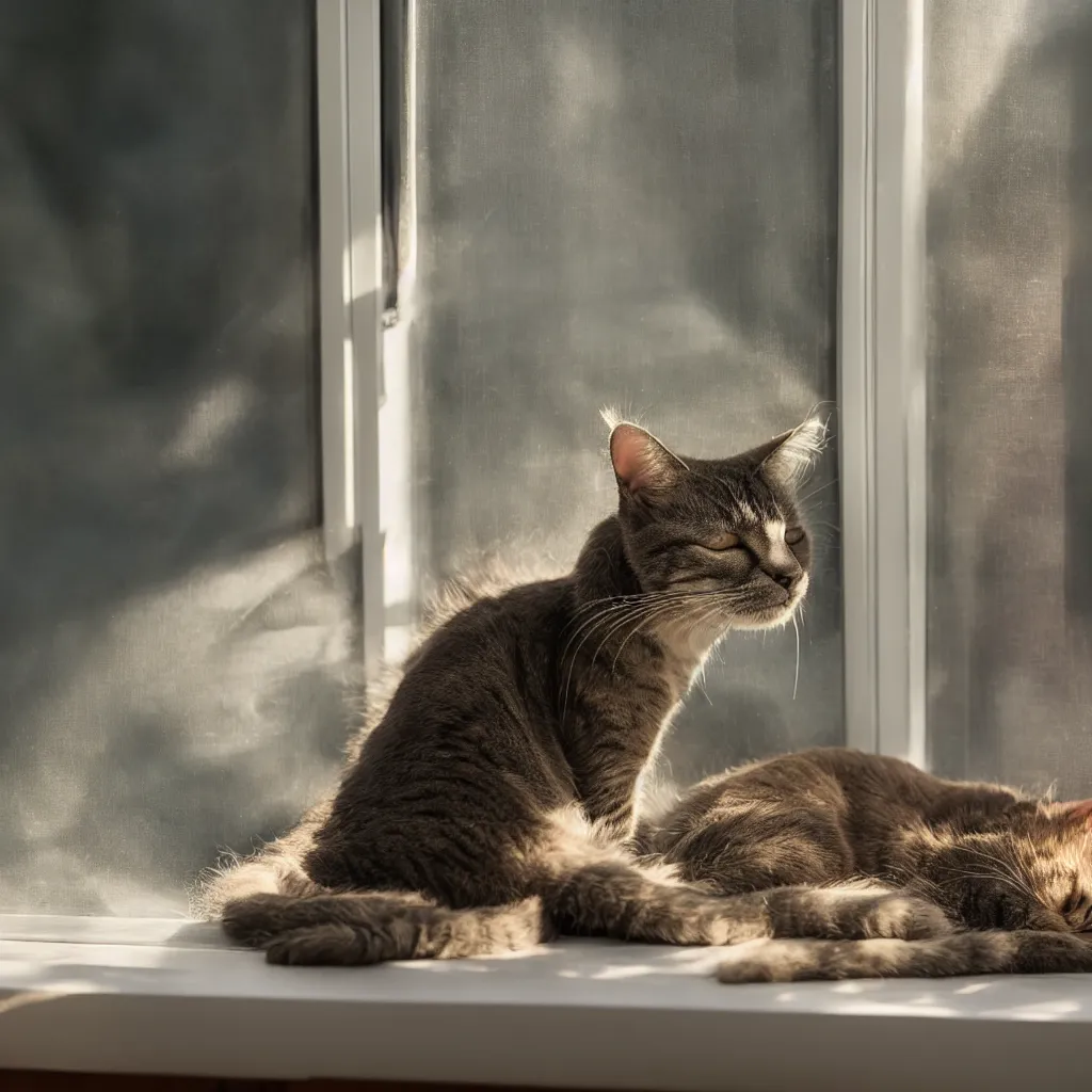 Prompt: a cat sleeping in front of a window, morning light rays comes out from the window, backlighted, professional detailed photo