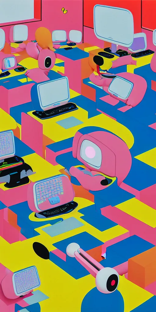 Prompt: japanese animation, children computer classroom. by shusei nagaoka, kaws, david rudnick, airbrush on canvas, pastell colours, cell shaded, 8 k