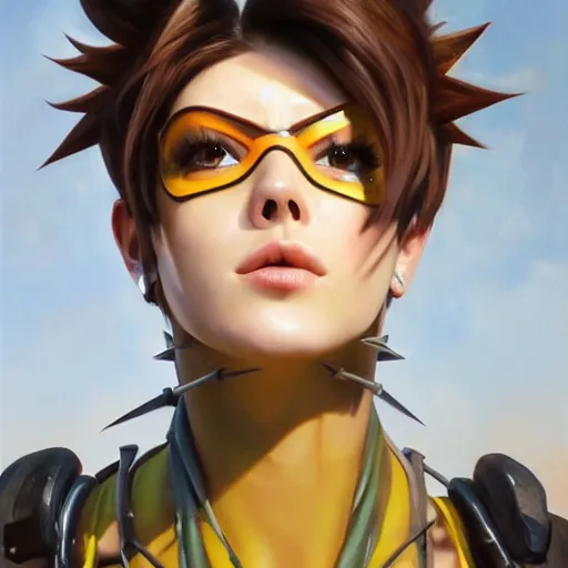 Prompt: oil painting of tracer overwatch in a field wearing spiked collar around neck, in style of mark arian, expressive face, detailed face, detailed eyes, full body, feminine face, tracer overwatch,
