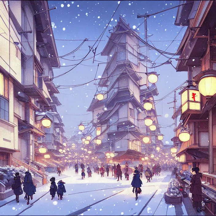 Image similar to japanese big city, winter, in the style of studio ghibli, j. c. leyendecker, greg rutkowski, artem