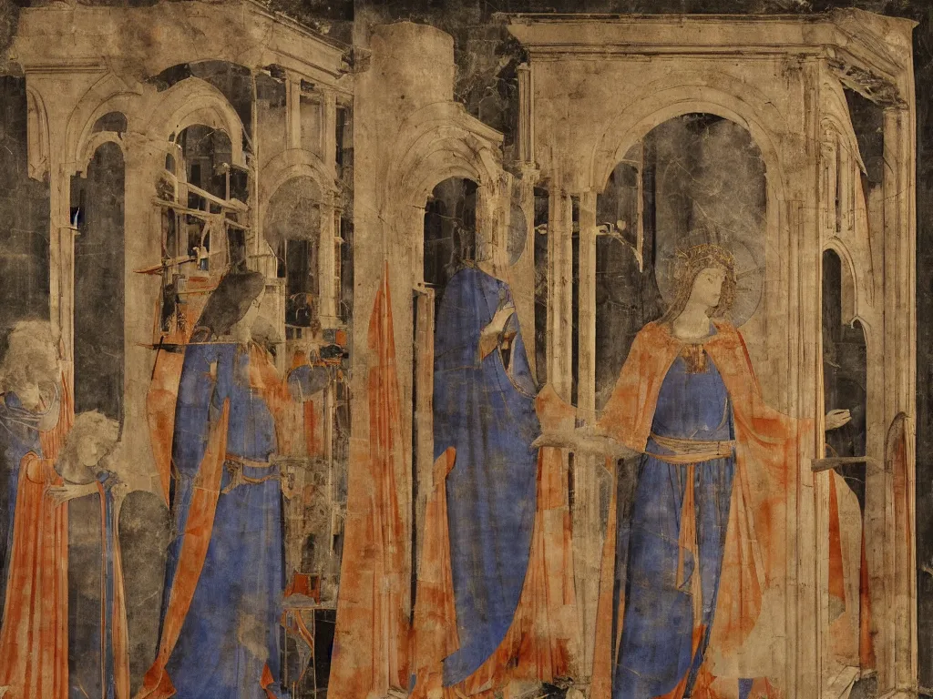 Prompt: A priestess of the god of thunder and iron in his temple | by giotto |