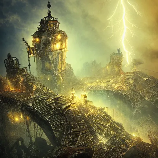 Prompt: a flying steampunk fortress, intricate, behrens style, octane render, fantasy digital art, beautiful composition, trending on artstation, night, meteors, lightning!!! storm, dramatic lighting, red glow, eldritch