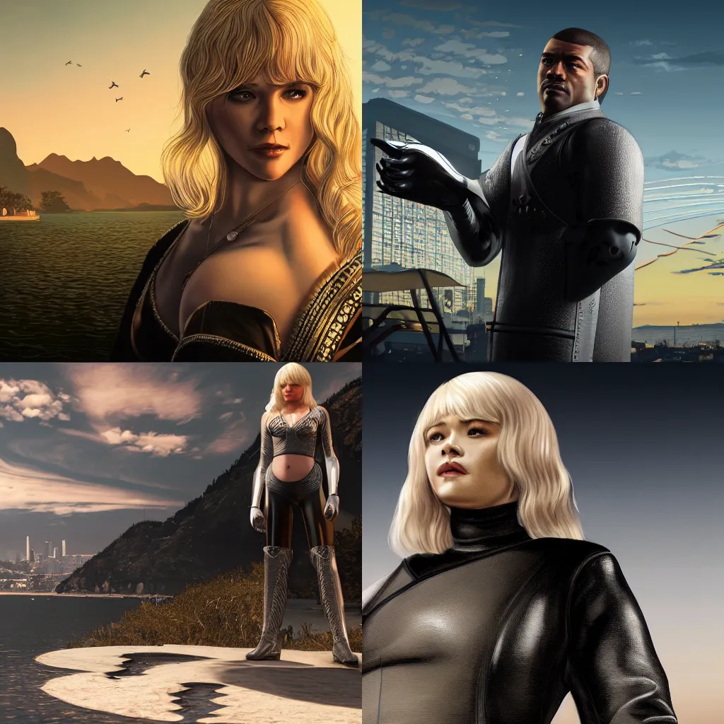 Prompt: griffith in the gta v loading screen, masterpiece, 8 k, 4 k, art by stephen bliss