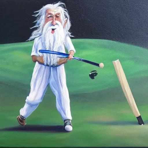 Image similar to Oil painting of Gandalf playing cricket