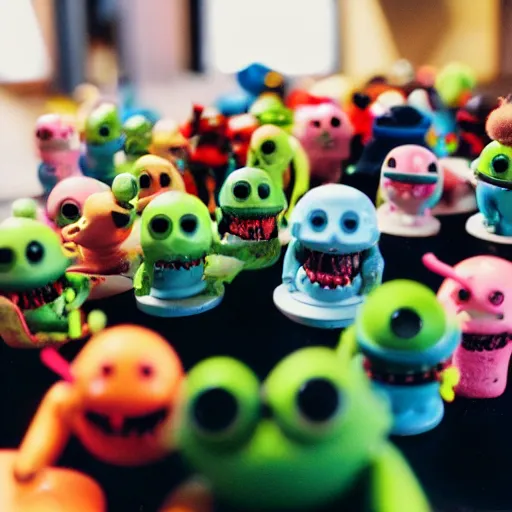 Image similar to a 35mm photo of adorable little toy monsters holding a meeting