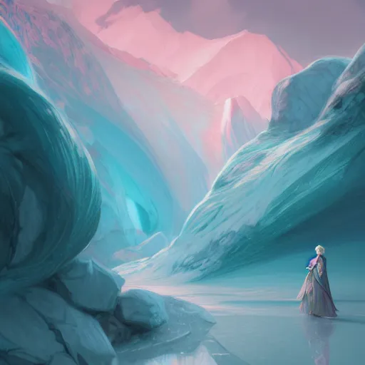 Image similar to teal haired mage, female, glacier landscape, norway, d & d, fantasy, intricate, elegant, highly detailed, digital painting, pink and teal color palette, artstation, octane render, concept art, matte, sharp focus, illustration, herrarthstone, art by artgerm and greg rutkowski and alphonse mucha