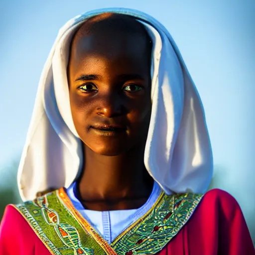 Image similar to A straight-on close-up head and shoulders photo of a 14-year-old Sudanese girl wearing a traditional dress, optimistic about the future, sunset reflecting in her eyes, wearing an almost-invisible NASA space suit helmet that is barely visible to us, 4K 85mm f/2