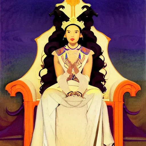 Image similar to an illustration of an ivory skin with dark curly hair queen on a throne, by nicholas roerich, by frank frazetta by georgia o keeffe by frederick william elwell, by hans emmenegger, by eyvind earle highly detailed, realistic, outline, line work, fantasy, oriental, stylised flat colors, animation