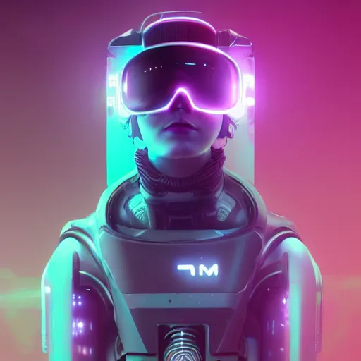 Image similar to cyberpunk concept bot, cinema 4 d, galaxy space sci - fi, wearing vr goggles, illustration, portrait, pastel neon textured background night, trending on artstation, greg rutkowski, octane rendered, 1 2 k, detailed,