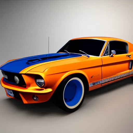 Prompt: ford mustang 1967 model sta ding in a showroom with orange neon lights, 3 render, vray, 8k