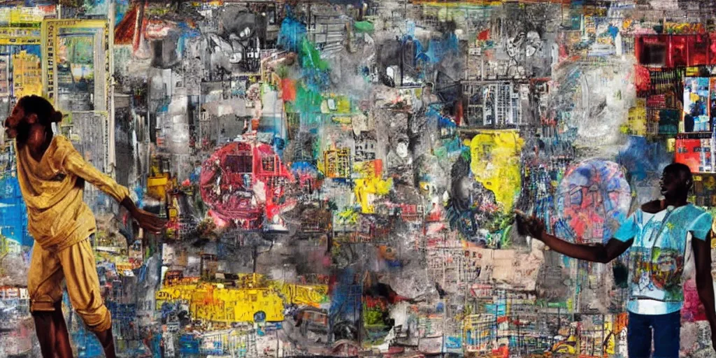 Image similar to robot in Ajegunle slum of Lagos conversing with African Jesus Christ about beauty under a large UFO beaming a neon ray, painting by Robert Rauschenberg,