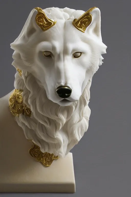 Prompt: a white marble bust of a wolf with gold filigree