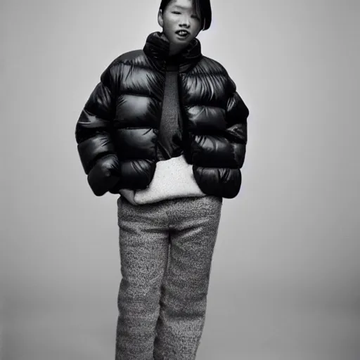 Image similar to realistic photoshooting for a new balenciaga lookbook, color film photography, portrait of a blonde asian woman, model wearing a puffer jacket, photo in style of tyler mitchell, 3 5 mm,