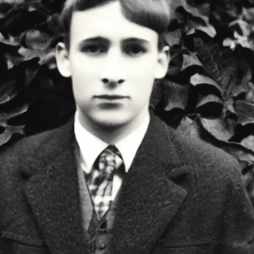 Image similar to A photo of a scottish 20 year old portrait photo infront of leaves filling the screen. Blue jacket wearing man with short hair and short facial hair. Looking directly towards camera this man with a triangular thin shape and thin nose is off center to the left of the frame.