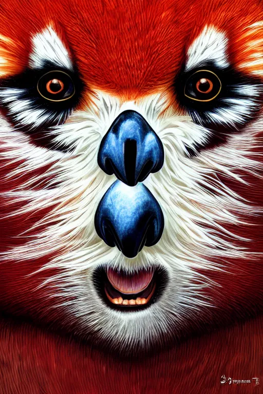 Image similar to an owl red panda hybrid, symmetrical, highly detailed, digital art, sharp focus, trending on art station