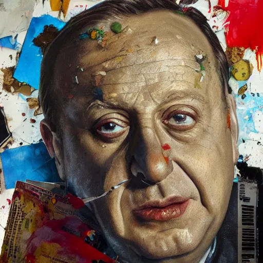 Image similar to hyperrealistic, photorealistic, mixed media oil painting of jack benny, magazine scraps, plaster, blood, oil, mustard, cigarettes, splatter, trending on artstation, award - winning painting, greg rutkowski, basquiat, ralph steadman, terry gilliam