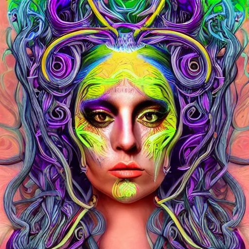 Prompt: an extremely psychedelic portrait of medusa as lady gaga, surreal, lsd, face, detailed, intricate, elegant, lithe, highly detailed, digital painting, artstation, concept art, smooth, sharp focus, illustration,