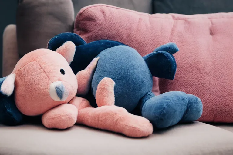 Image similar to a high quality 3 5 mm photo of a pink chubby stuffed animal kangaroo with dark blue shirt sitting on a couch, an ultrafine detailed photo, trending on artstation, sharp focus, baby toy