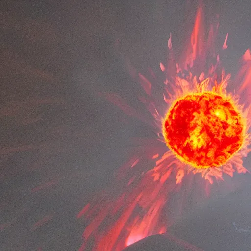 Image similar to red hot burning sphere embedded in fireball explosion with fire, 4 k