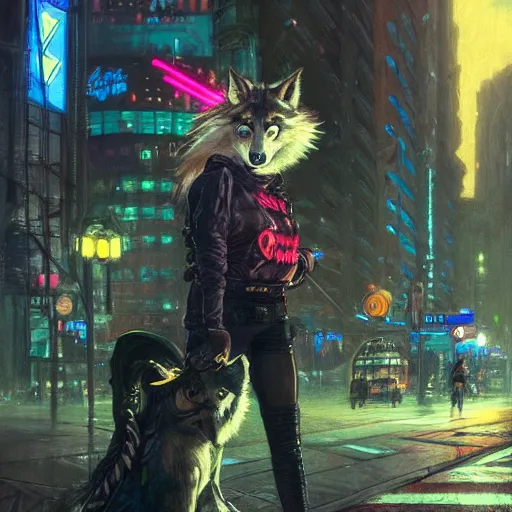 Prompt: female anthropomorphic wolf character wearing black cyberpunk skater clothes with neon highlights in a cyberpunk city at night. Renowned character illustration by greg rutkowski, thomas kindkade, alphonse mucha, loish, norman rockwell. Trending on artstation 4k. Highly detailed. Digital art.