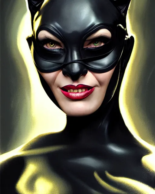 Prompt: medium - shot oil portrait of catwoman played by michael keaton, artstation, highly detailed digital painting, smooth, global illumination, fantasy art by greg rutkowsky, karl spitzweg, leyendecker