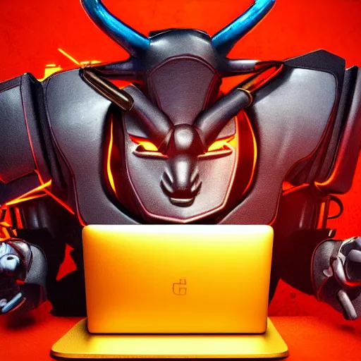 Prompt: stylized cyberpunk minotaur logo holding laptop on right