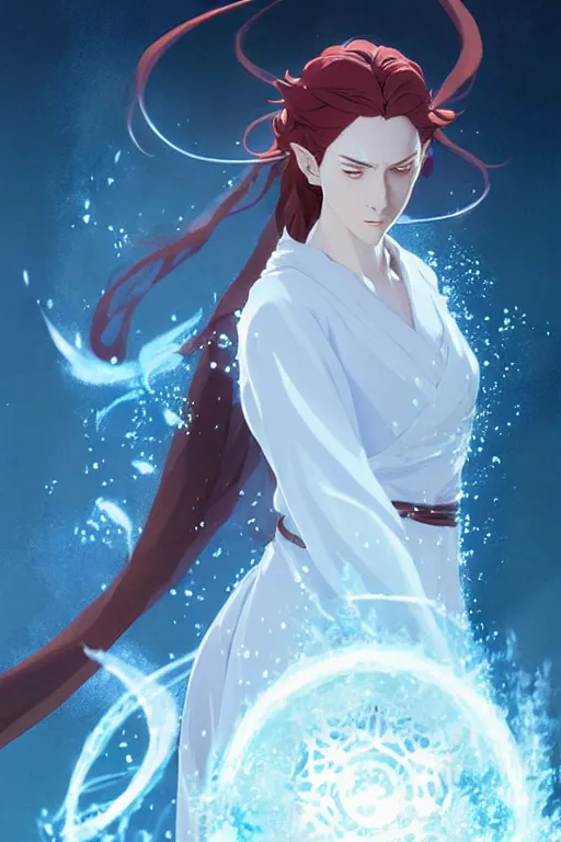 Prompt: elvish female sorcerer doing water magic spells, blue robes, red hair, finely detailed perfect face, exquisite details, mid view, design on a white background, by studio muti, greg rutkowski makoto shinkai takashi takeuchi studio ghibli