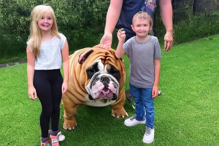 Prompt: a child person standing next to a giant bulldog and the bulldog is five times taller then the person