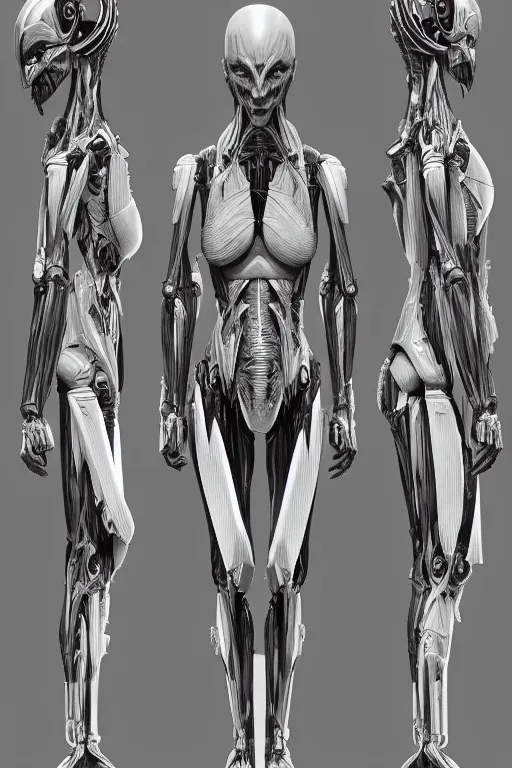 Image similar to very symmetrical!! cyborg space primate with gunmetal grey skin, medical muscle anatomy, cyberpunk face, highly detailed, japanese, mecha asthetic, mechanical implants, three - view reference sheet ( front / back / side ), in the style of dan ouellette, dren from splice, hr giger, sil from species, artstation, unreal engine