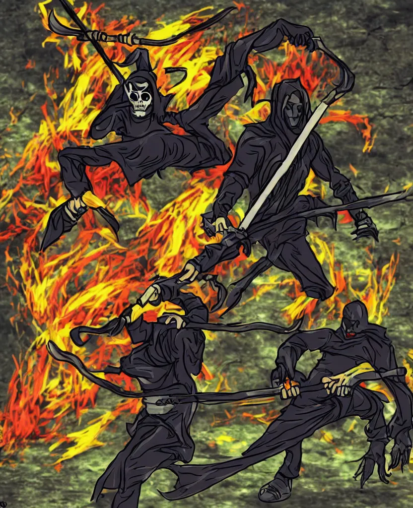 Prompt: a grim reaper holding a scythe in the style of Tekken 3, colorful, no antialiasing
