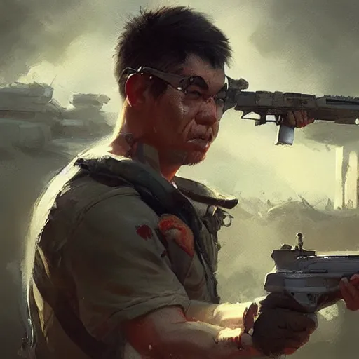 Image similar to protagonist of boomer shooter video game, painted by stanley lau, painted by greg rutkowski, painted by stanley, artgerm, masterpiece, digital art, trending on arts