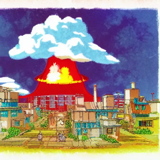 Image similar to a nuclear explosion In the style of Studio Ghibli