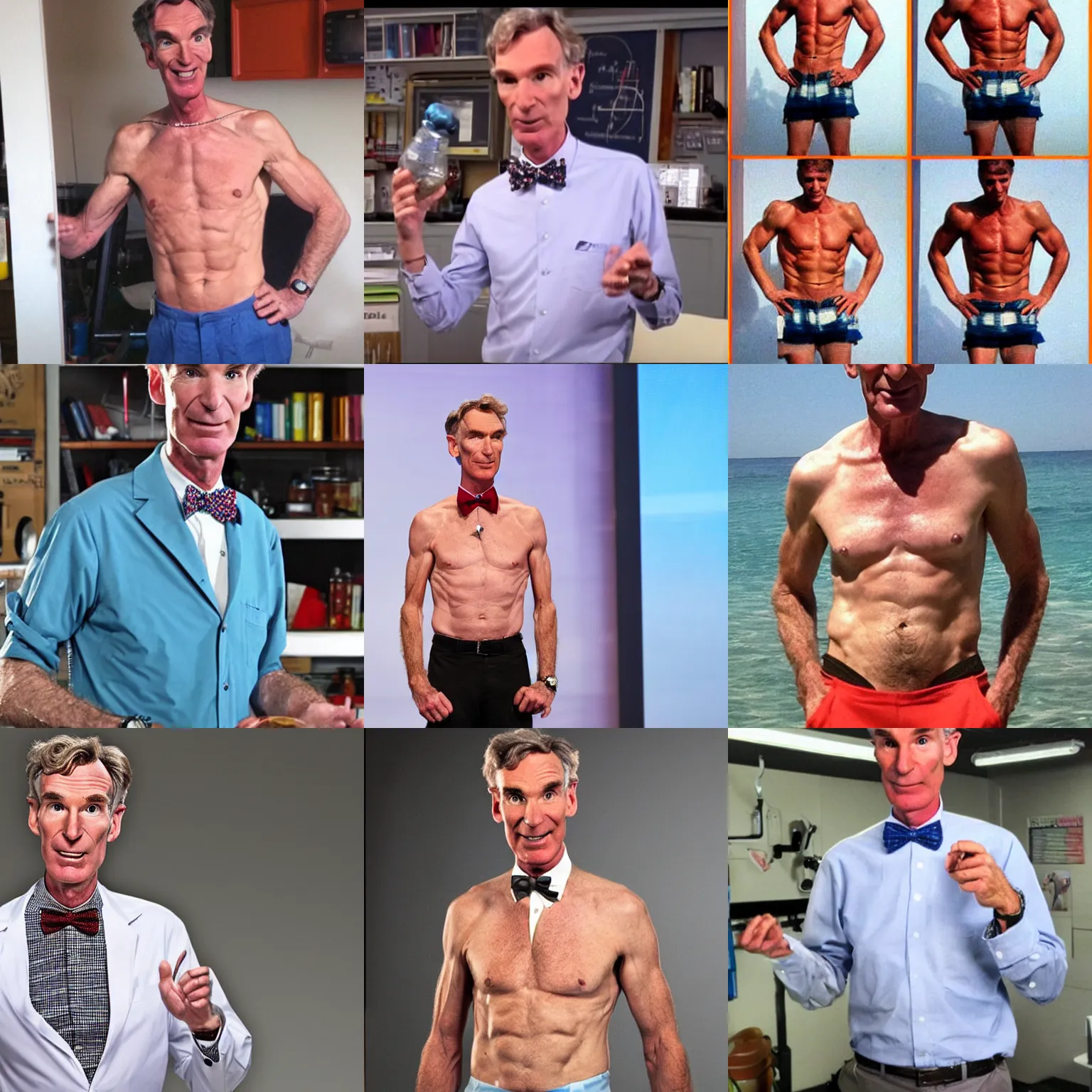 Prompt: bill nye the science guy having a 6 pack and being very buff