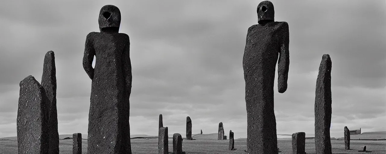 Prompt: The grim reaper stands large in front of neolithic standing stones of stenness, by studio Ghibli