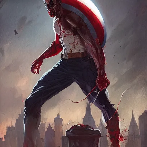 Prompt: capitan america as a zombie, by greg rutkowski, mucha, artgerm,