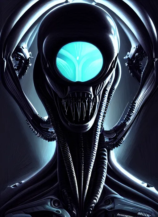 Prompt: profile! portrait of xenomorph, sci - fi, black tech wear, glowing lights! dark, cool colors, acid, intricate, highly detailed, digital painting, artstation, concept art, smooth, sharp focus, illustration, art by h r giger and greg rutkowski