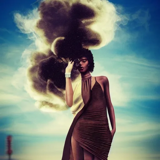 Image similar to a fashion model, creative, brown skin, digital art, photo manipulation, colossal, smoke, artstation, giant, standing, road,