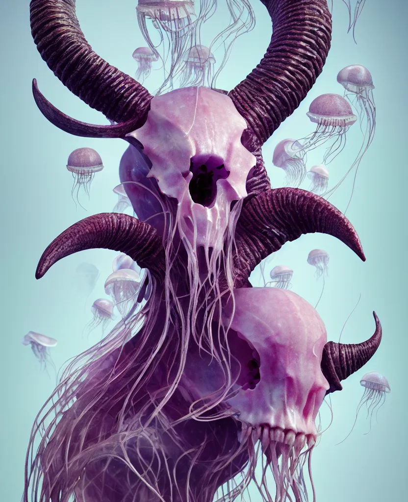 Image similar to goddess close-up portrait goat skull. jellyfish phoenix head, nautilus, orchid, skull, betta fish, bioluminiscent creatures, intricate artwork by Tooth Wu and wlop and beeple. octane render, trending on artstation, greg rutkowski very coherent symmetrical artwork. cinematic, hyper realism, high detail, octane render, 8k