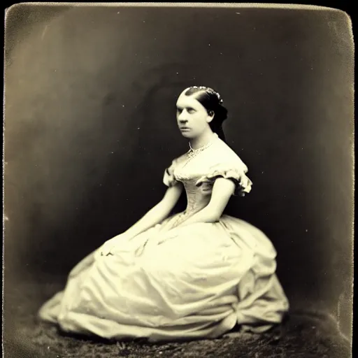 Prompt: clear photography of a beautiful princess sitting down, circa 1 8 6 3