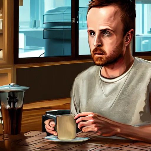 Image similar to Hyperrealistic ultradetailed digital art of Jesse Pinkman working at a coffee shop, realistic, detailed lighting, cinematic, trending on artstation and 500px and behance