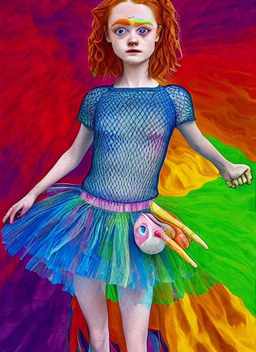 Image similar to surrealism psychedelic full body portrait sketch of sadie sink as delirium of the endless in fishnet top and rainbow tutu skirt from the sandman, floating goldfish, green and blue eye heterochromia by alex ross, josh kirby, detailed, elegant, intricate