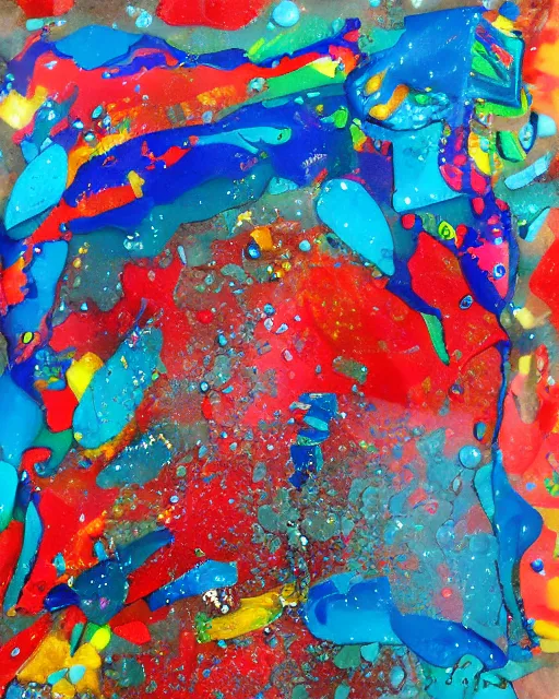 Prompt: abstract composition with acrylic pouring and broken pieces of colored glass, 3D version of a painting colorful abstract with dripped ink and sea glass, Acrylic Paint, Oil Paint, Dripping Paint, Splatter Paint, Exterior, Stellation, Seaglass, Ruby, Lapis Lazuli, Agate, Firework, De-Noise