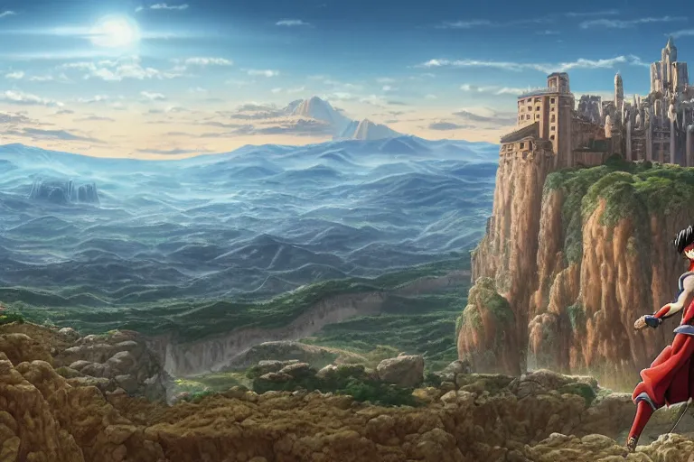 Image similar to an ultra detailed matte landscape painting of an extremely tall and strong young man with short brown hair standing on a cliff overlooking a medieval capital built on top of many hills, italian renaissance architecture, epic anime fantasy, 8 k, volumetric lighting, smooth, highly detailed, digital illustration, art by kentaro miura and akira toriyama and artgerm